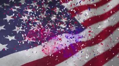 Animasyon metni, 4 Temmuz, ve kırmızı, beyaz ve mavi konfeti Amerikan bayrağını dalgalandırıyor. Vatanseverlik, bağımsızlık ve kutlama konsepti dijital olarak oluşturulmuş video.
