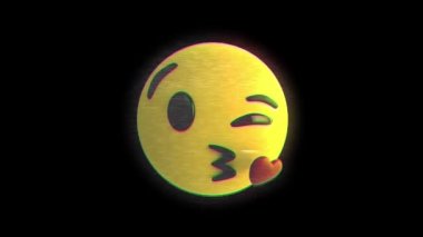 Uçan öpücük yüz emojisinin siyah arka plan üzerindeki hatalı etki dijital animasyonu. ifade ve iletişim kavramı