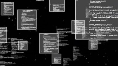 Veri işlemenin dijital animasyonu ve siyah arkaplanda yüzen çoklu kare şekiller. bilgisayar arayüzü ve teknoloji kavramı