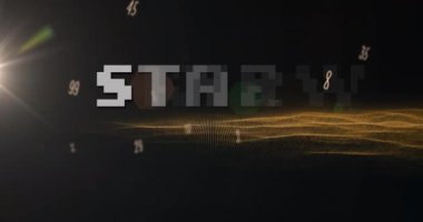 Sayılar ve altın ağ akışının üzerinde başlangıç metninin canlandırması. Video oyunu, dijital arayüz, iletişim ve eğlence konsepti dijital olarak oluşturuldu.