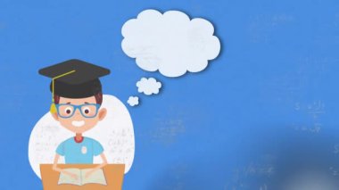 Matematiksel formüllerin ve çizimlerin okul çocuğu üzerindeki animasyonu. eğitim ve öğrenme kavramı dijital olarak oluşturulmuş video.