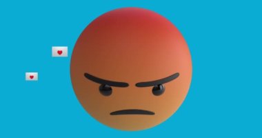 Mavi arka planda kırmızı kalp simgeleri olan kızgın emoji simgesinin animasyonu. küresel sosyal medya ve iletişim konsepti dijital olarak oluşturulmuş video.