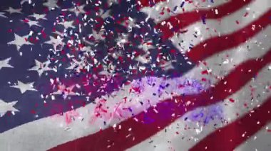 Amerika Birleşik Devletleri 'nin mesajlaşması ve Amerikan bayrağını sallayan konfetilerin düşüşü. Vatanseverlik, bağımsızlık ve kutlama konsepti dijital olarak oluşturulmuş video. Temmuz 'un