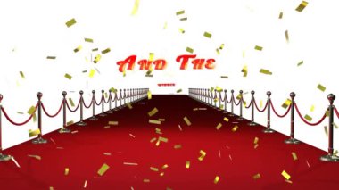 Altın konfetilerin metinde canlandırılması, ve kazanan, kırmızı halı mekanında, beyazda. eğlence, ödül töreni, olay ve kutlama konsepti dijital olarak oluşturulmuş video.