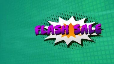 Retro konuşma balonunda dijital dalgalara karşı yeşil çizgili arka planda ani satış metni. satış indirimi ve perakende iş konsepti