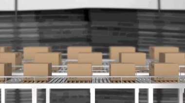 Depodaki taşıma bantlarında hareket eden karton kutuların animasyonu. Dijital olarak üretilen video konsepti.