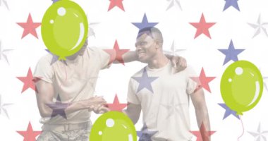 Mutlu gaziler günü metinleri, balonlar, yıldızlar ve el sıkışan iki gülümseyen askerin kompozisyonu. Vatanseverlik, bağımsızlık, ordu ve dijital olarak üretilen görüntü konsepti.