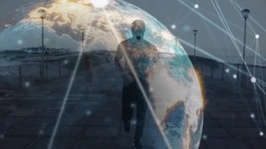 Deniz kıyısında koşan bir adam üzerindeki bağlantı ağlarının küre animasyonu. Spor, spor ve bağlantılar dijital olarak oluşturulmuş video konsepti.