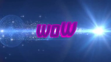 Vay be metninin animasyonu mavi ışıklar üzerinde ve yıldızların siyah arka planda olması. Video oyunu, eğlence ve dijital arayüz kavramı dijital olarak oluşturuldu.