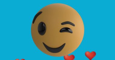 Mavi arka planda kırmızı kalp balonu ikonları olan gülümseyen emoji ikonu animasyonu. küresel sosyal medya ve iletişim konsepti dijital olarak oluşturulmuş video.