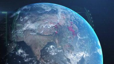 Dünya üzerinde covid 19 hücrenin animasyonu, tarama ve veri işleme. küresel covid 19 salgın konsepti dijital olarak oluşturulmuş video.