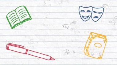 Okul kavramının dijital animasyonları beyaz çizgili kağıttaki matematiksel denklemlere karşı. Okula ve eğitim konseptine dönüş