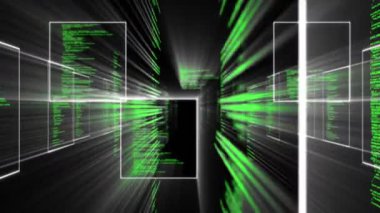 Veri işlemenin dijital animasyonu ve siyah arkaplanda yüzen çoklu kare şekiller. bilgisayar arayüzü ve teknoloji kavramı