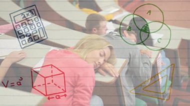 Okul eşyaları simgelerinin sınıftaki öğrenciler üzerinde canlandırılması. eğitim ve öğrenme kavramı dijital olarak oluşturulmuş video.