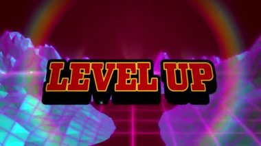 Kırmızı metin seviyesinin yükselmesi, patlamanın üzerine mor manzara ve kahverengi üzerine pembe şebeke. Video oyunu, eğlence ve dijital arayüz kavramı dijital olarak oluşturuldu.