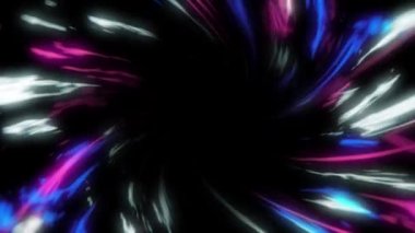 Siyah arka planda hareket eden pembe, mavi ve beyaz kıvrımlı ışık izlerinin animasyonu. küresel iletişim ağı ve dijital arayüz arkaplan kavramı dijital olarak oluşturulmuş video.