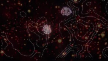 Patlayan havai fişeklerin üzerine çizgi çizgileri ve ışık noktaları. kutlama, parti ve olay konsepti dijital olarak oluşturulmuş video.