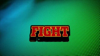 Mavi ve yeşil arka planda dövüş metninin animasyonu. Video oyunu, eğlence ve dijital arayüz kavramı dijital olarak oluşturuldu.