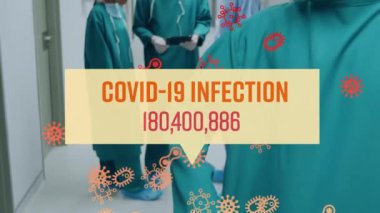 Yüz maskesi takan cerrahlar üzerinde Coperid 19 metin ve hücrenin animasyonu. küresel covid 19 salgın konsepti dijital olarak oluşturulmuş video.