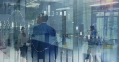 Ofiste çalışan iş adamları üzerinde finansal veri işleme animasyonu. küresel iş, bağlantılar, dijital arayüz ve teknoloji konsepti dijital olarak oluşturulmuş video.