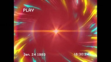 Çarpıtma çizgileriyle dönen renkli ışıkların oynatma arayüzü animasyonu. Video oyunu, eğlence ve dijital arayüz kavramı dijital olarak oluşturuldu.