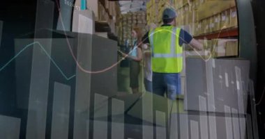 Teslimatçıyla ilgili istatistik ve finansal veri işleme animasyonu. küresel gönderim, dağıtım, iş, veri işleme ve teknoloji konsepti dijital olarak oluşturulmuş video.