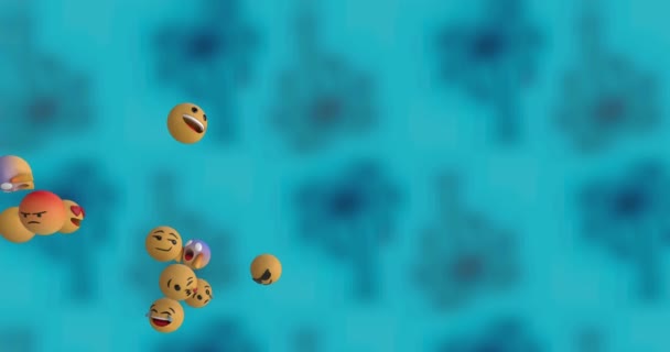 Κινούμενα Σχέδια Εικονιδίων Emoji Που Επιπλέουν Μπλε Φόντο Παγκόσμια Έννοια — Αρχείο Βίντεο