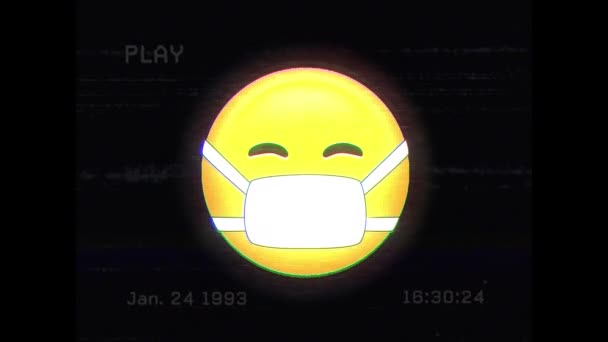 Animação Digital Efeito Falha Sobre Emoji Rosto Vestindo Máscara Facial — Vídeo de Stock