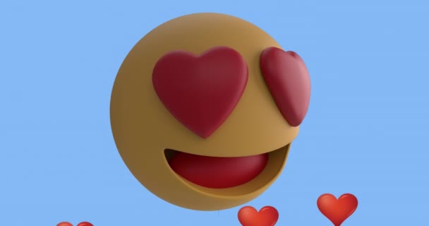 Animación Emoji Sonriente Icono Con Corazones Rojos Con Iconos Globos — Vídeo de stock