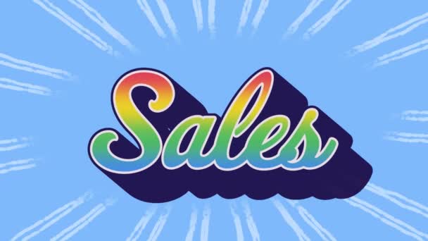 Animation Sales Text Colourful Letters Blue Background Sales Retail Savings — Stock Video