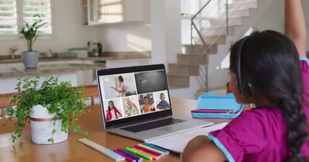 Schoolgirl Using Laptop Online Lesson Home Diverse Teacher Class Screen — Stock Video