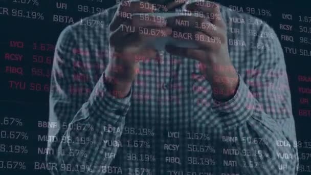 Stock Market Data Processing Caucasian Man Using Smartphone Black Background — Stock Video