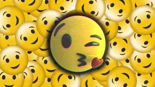 Efeito Falha Sobre Rosto Soprando Emoji Beijo Contra Vários Emoji — Vídeo de Stock