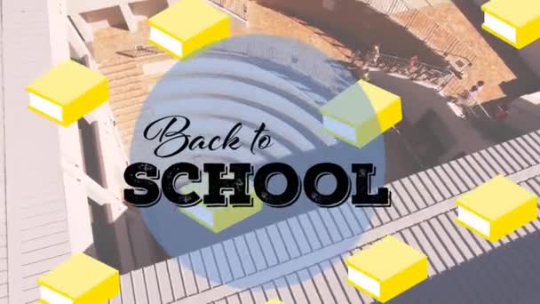 Animace Zpět Školy Textové Školní Předměty Ikony Nad Školou Koncepce — Stock video