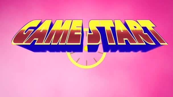 オレンジ色と黄色のテキストゲームのアニメーションは その後 ピンクの茶色の上に 黄色の円を回転上に開始します ビデオゲーム エンターテイメントとデジタルインターフェースの概念デジタル生成されたビデオ — ストック動画