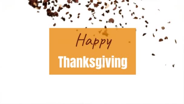 落下葉の上にオレンジ色のバナー上の幸せな感謝祭のテキストのアニメーション お祝い アメリカの伝統と自然概念デジタルで生成されたビデオ — ストック動画