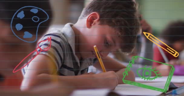 Animacja Ikon Przedmiotów Szkolnych Poruszających Się Nad Nauką Uczniów Koncepcja — Wideo stockowe