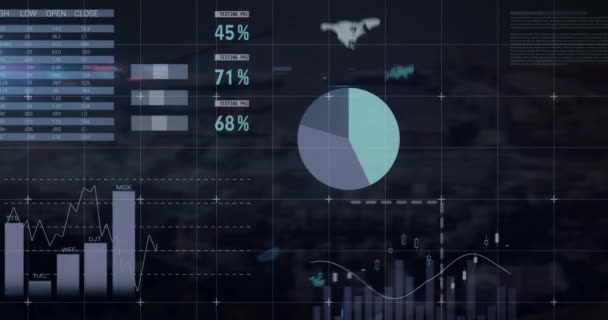 Анимация Обработки Финансовых Данных Над Ландшафтом Глобальный Бизнес Связи Цифровой — стоковое видео