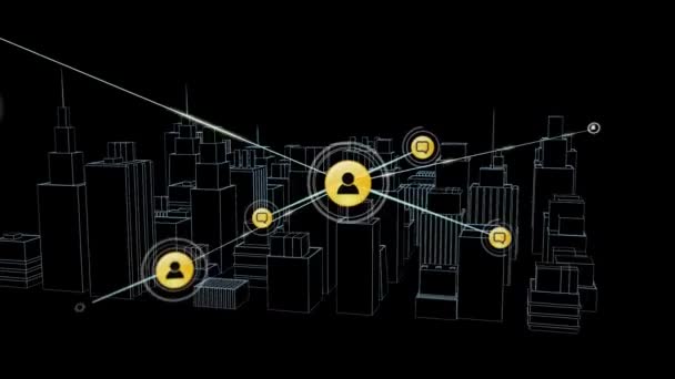 Animation Networks Connections Icons City Drawing Spinning Black Background Global — Stock Video