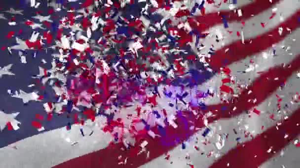 Szöveg Animáció Július Vörös Fehér Kék Konfetti Hullik Amerikai Zászló — Stock videók