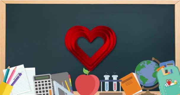 Animación Corazón Rojo Sobre Íconos Artículos Escolares Concepto Educación Aprendizaje — Vídeo de stock