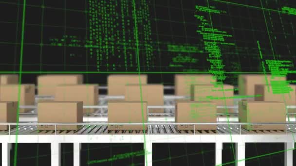 コンベアベルト上の複数のデリバリーボックスに対するグリッドネットワーク上のデータ処理 輸送事業のコンセプト — ストック動画