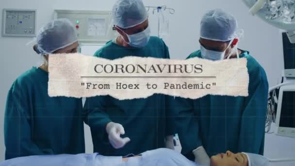 Animation Covid Text Surgeons Operating Face Masks Global Covid Pandemic — Stock Video