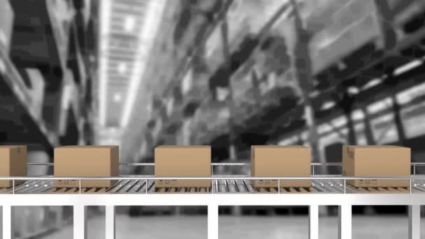 仓库中纸板箱在传送带上移动的动画 全球航运和交付概念数字生成视频 — 图库视频影像