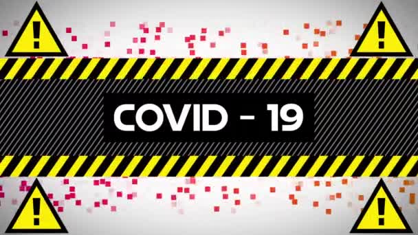 Animation Covid Text Hazard Triangles Red Moving Pixels Global Covid — Stock Video