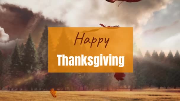 Animation Happy Thanksgiving Text Orange Banner Falling Leaves Holiday Celebration — Stock Video