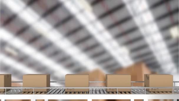 Animation Cardboard Boxes Conveyor Belt Warehouse Global Shipping Delivery Concept — Stock Video