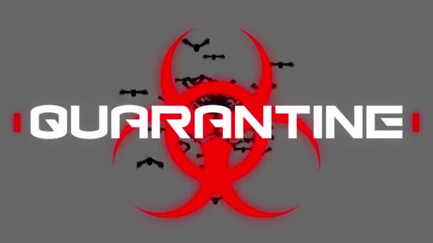Animatie Van Covid Waarschuwingstekst Quarantaine Rood Biohazard Symbool Vleermuizen Grijs — Stockvideo