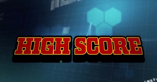 Animation de texte haute partition sur grille et traitement de données. jeu vidéo, divertissement et concept d'interface numérique vidéo générée numériquement.