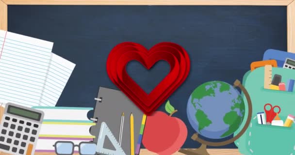 Animation Cœur Rouge Sur Les Icônes Des Articles Scolaires Concept — Video